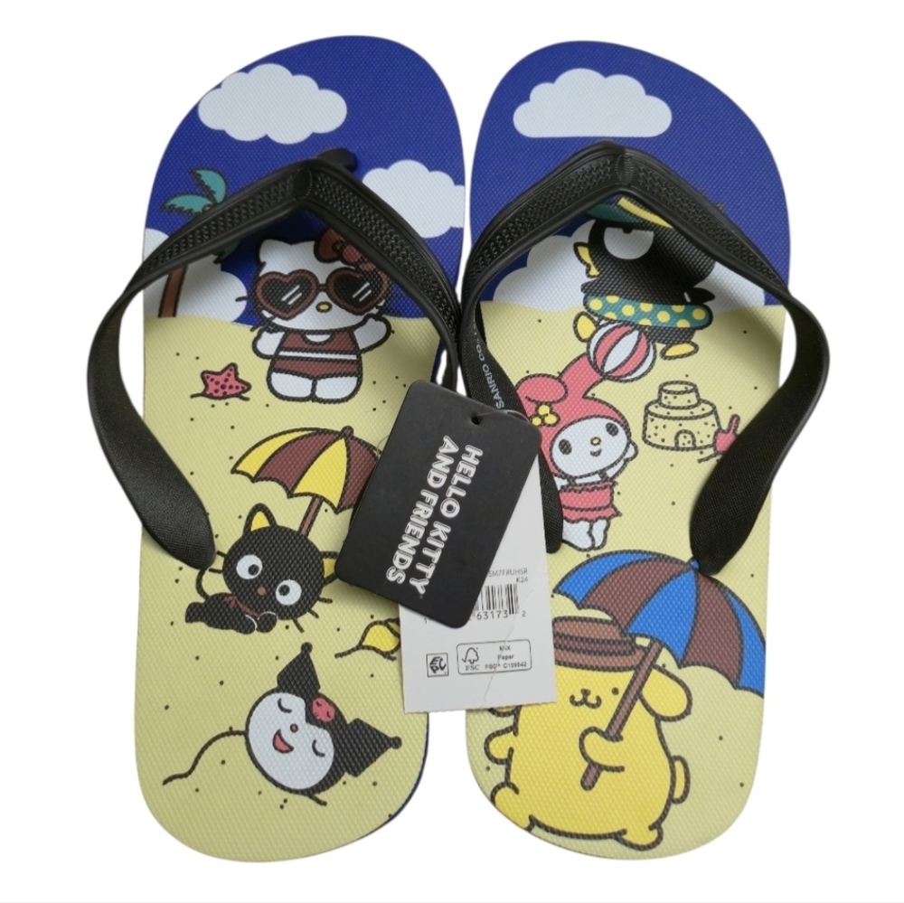 Hello Kitty Men's Flip-flops w/ Characters on Each Side in Blue/ Yellow, Size:7.